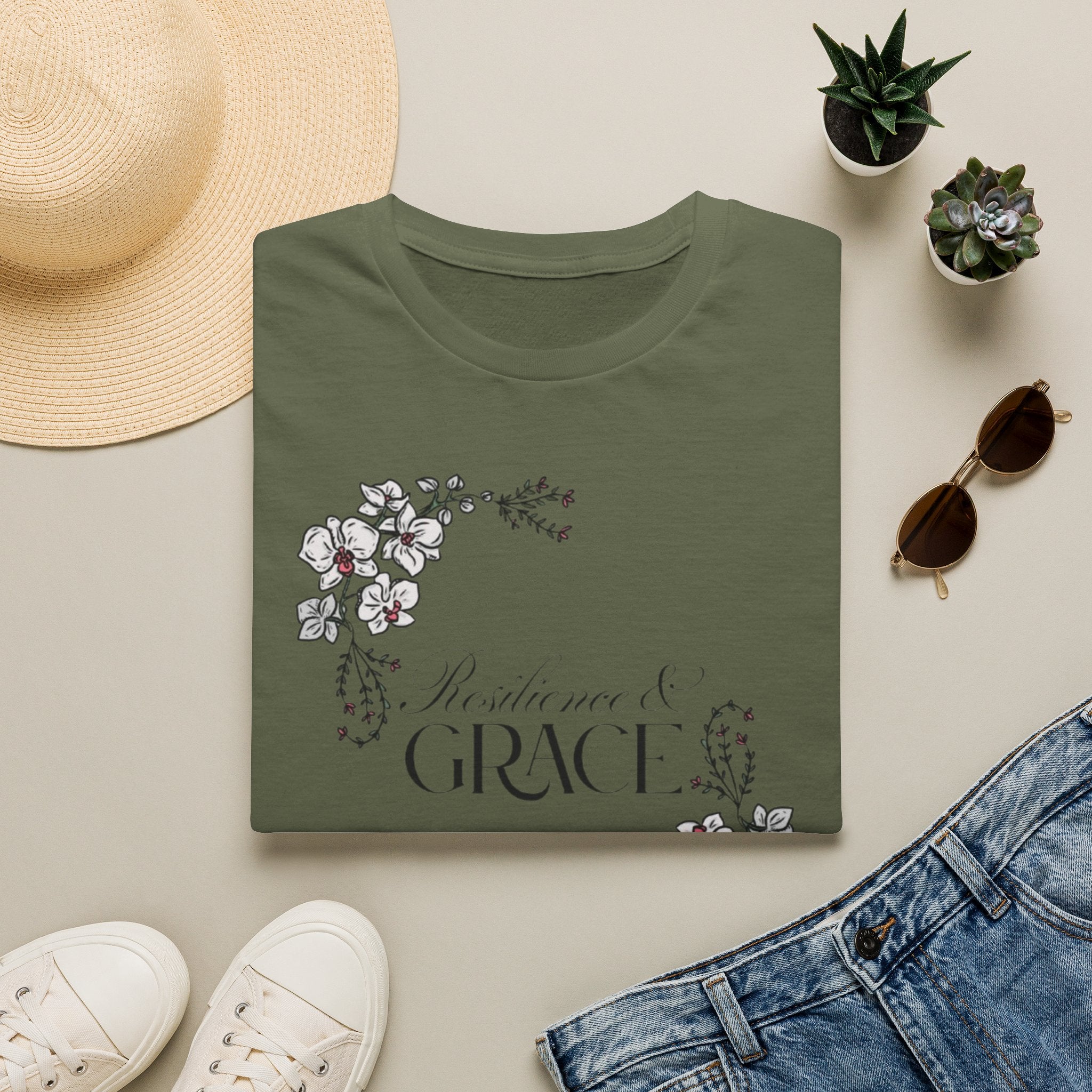Resilience & Grace T-Shirt | Floral Script Design
