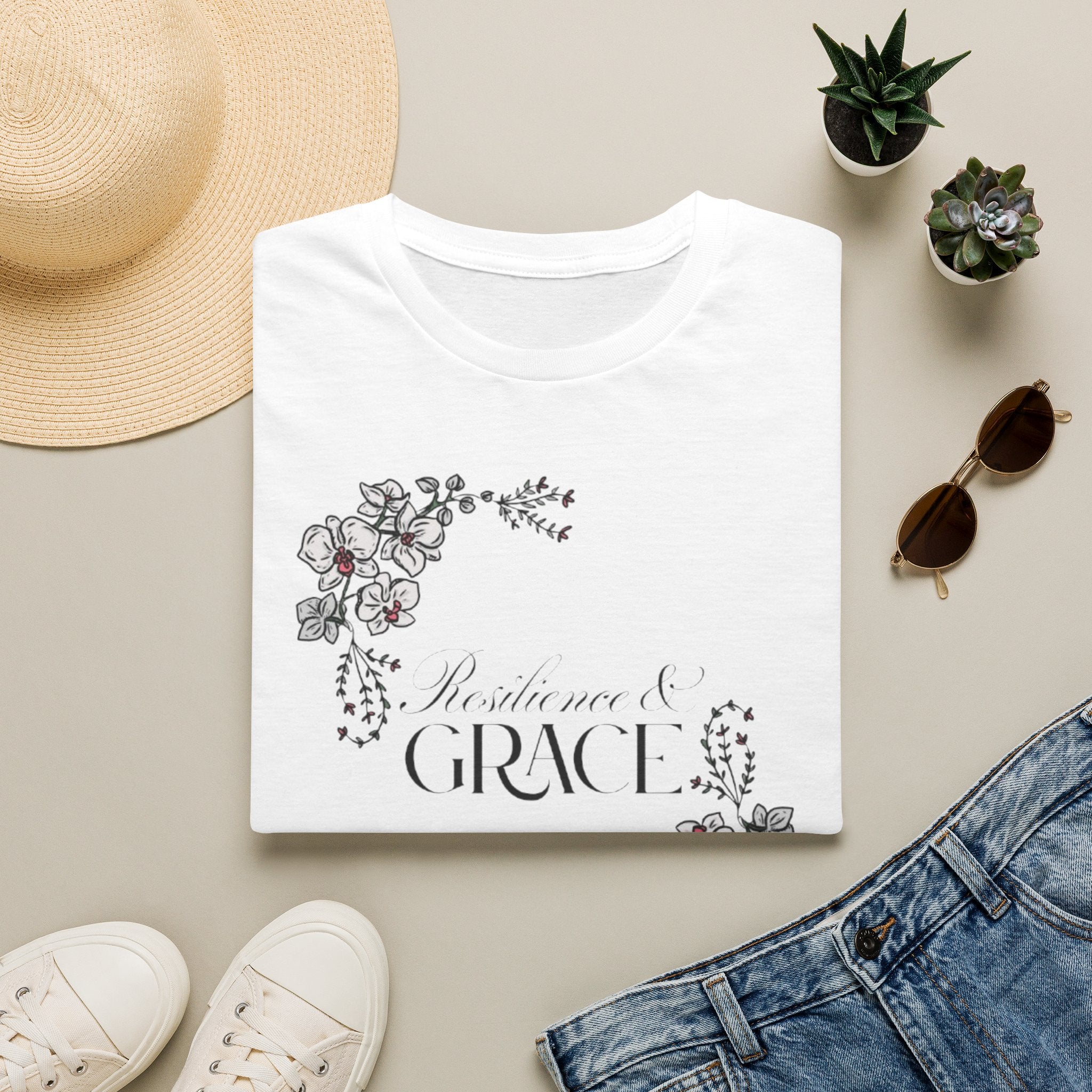 Resilience & Grace T-Shirt | Floral Script Design